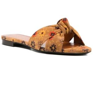 YSL Saint Laurent Bianca Knotted Suede Slides Tan Mulitcolor Flower Print 37.5